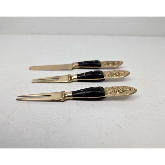 Vintage Cocktail Fork & Mini Spreader Buddha Bronze Brass Rosewood Siam Thailand - Picture 5 of 9